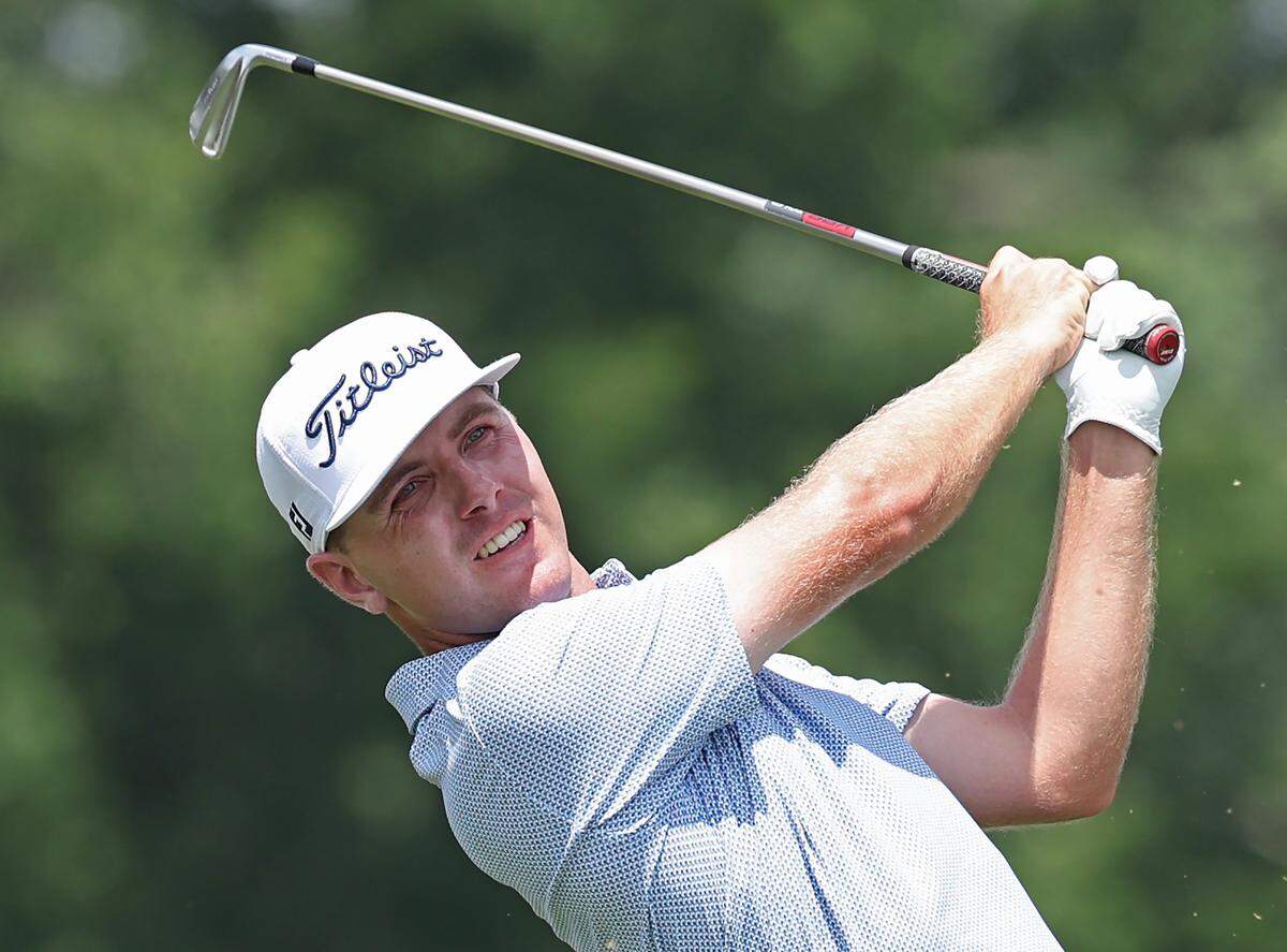 Ryan Gerard watches his drive from the 17th tee box during opening round action of the 107th PGA Championship at Quail Hollow Club in Charlotte, NC on Thursday, May 15, 2025.