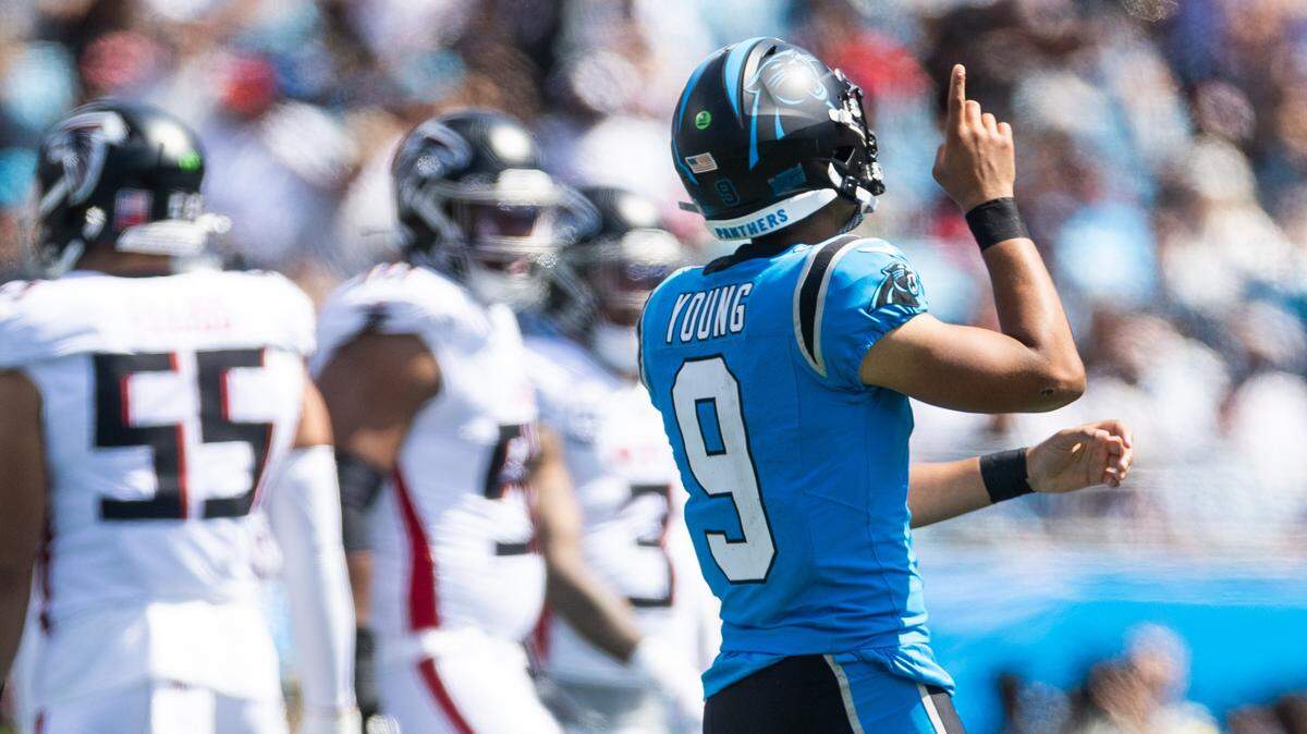 Carolina Panthers quarterback Bryce Young points to the sky after a play against the Atlanta Falcons at the Bank of America Stadium in Charlotte, N.C., on Sunday, September 21, 2025.