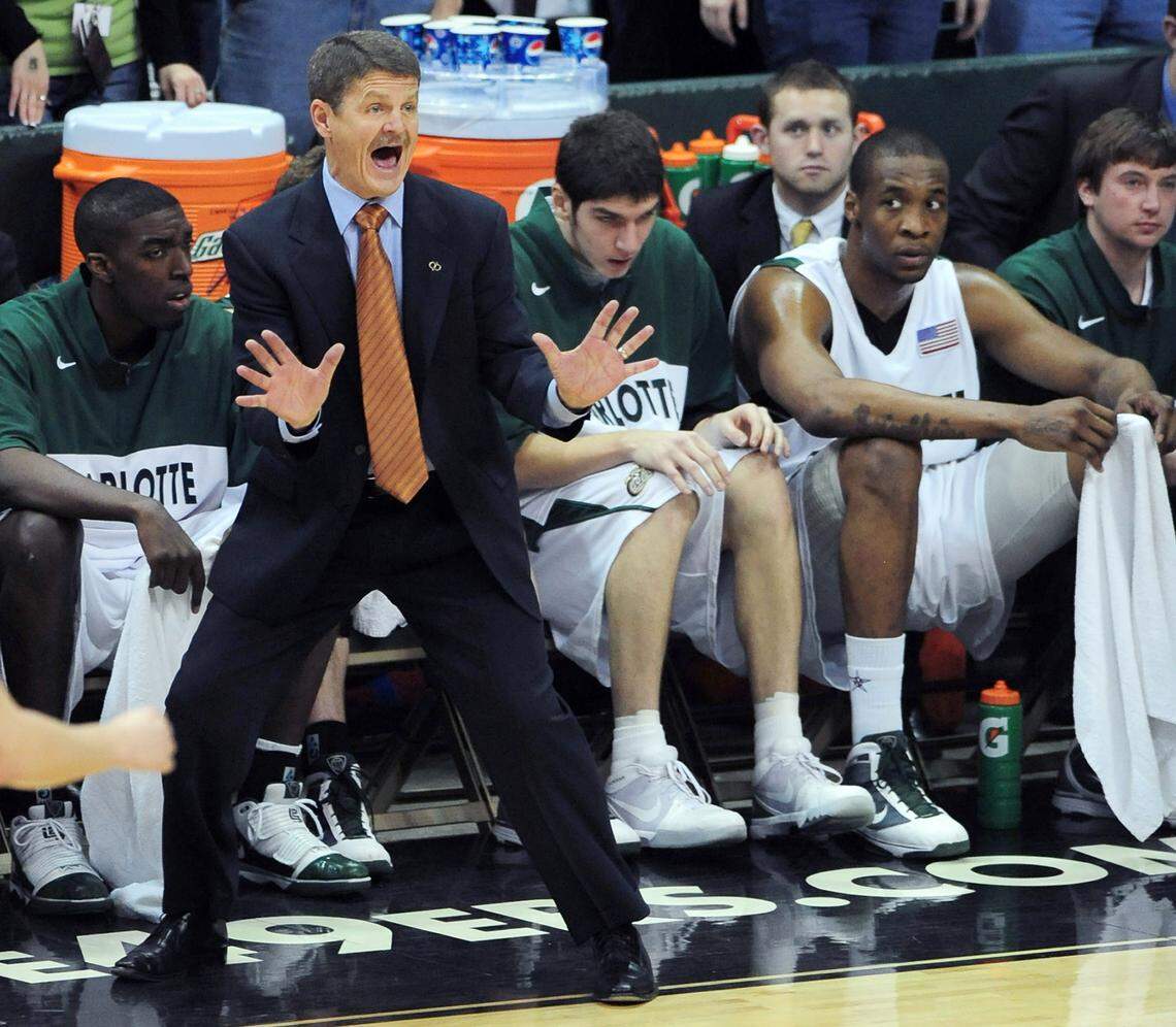 In 2010, his final season as Charlotte’s head coach, Bobby Lutz yells instructions against Temple.