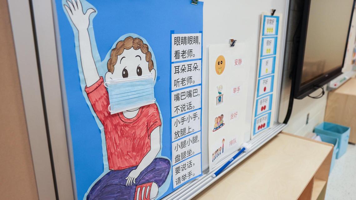 A mask-themed classroom decoration at a school in Charlotte, North Carolina. A Texas school district will start separating masked and unmasked students for class and recess.