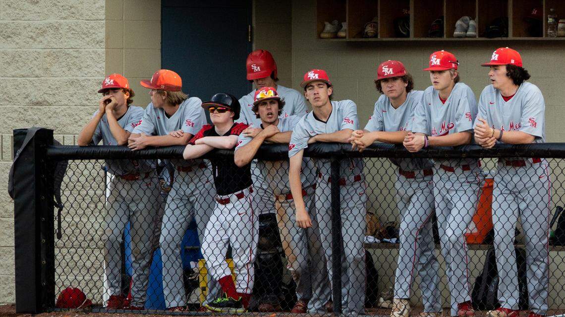 South MeckÕs dugout cheers on their teammates during a matchup against South Meck and Hough at Hough High School on Friday, March 24, 2023.