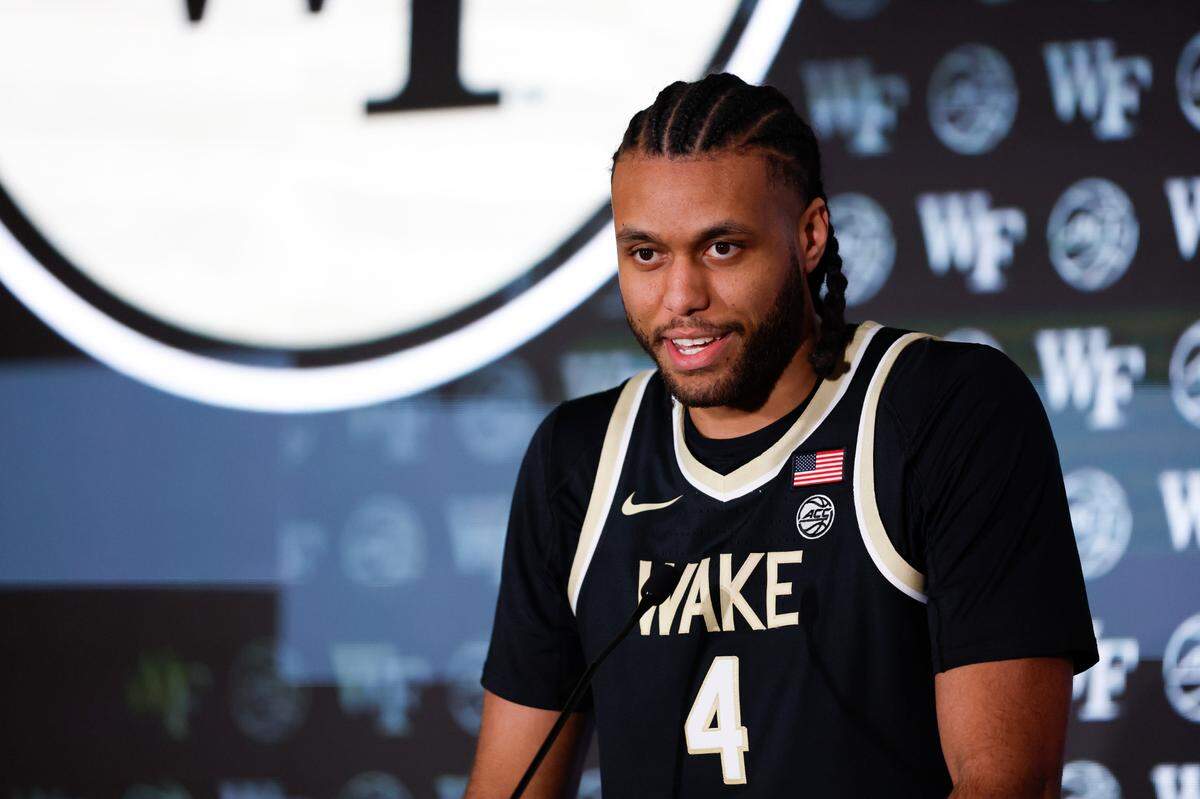 Wake Forest forward Efton Reid III speaks to the media at the 2024 ACC Tipoff in Charlotte, N.C., Thursday, Oct. 10, 2024.