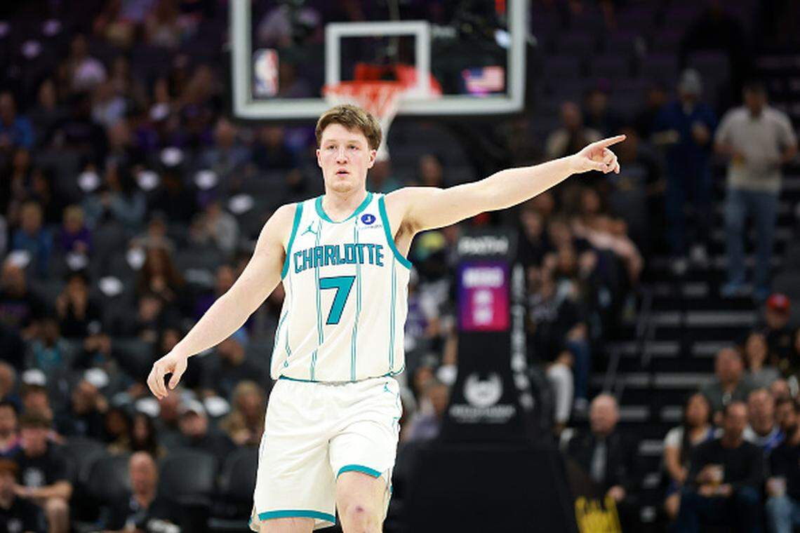 Kon Knueppel of the Charlotte Hornets reacts after the Hornets made a basket.