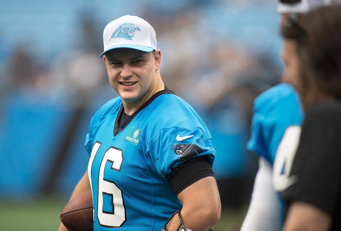#16, Harrison Mevis, is in camp facing off against established Panthers kicker, Eddy Pinero. Fans celebrated the return of Panthers’ football during practice at Bank of America Stadium on Saturday, July 27, 2024 as part of the annual Back Together Saturday event. Practice, which began at 9:30 a.m., included performances by the Panthers entertainment group and activities for fans. Fans cheered on players like Bryce Young (#9), Xavier Legette (#17), Damien Lewis (#68) and head coach Dave Canales.