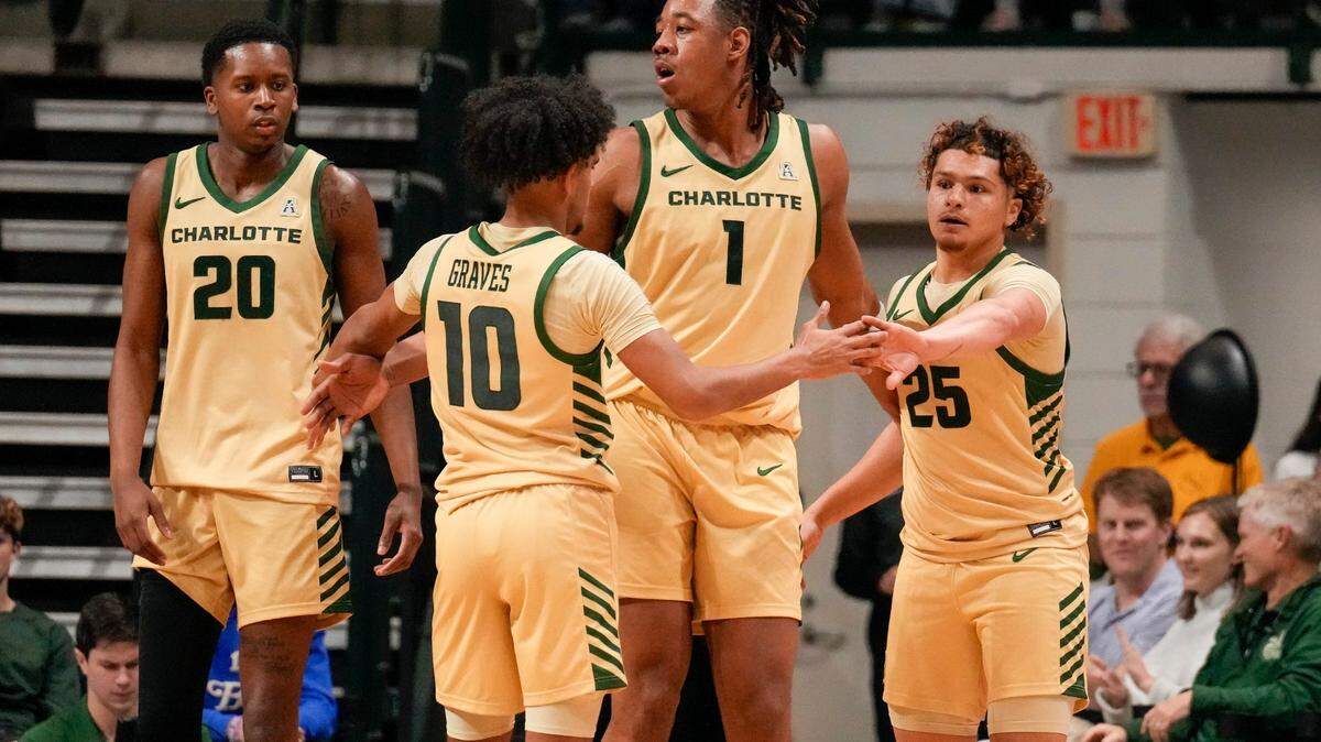 Jan 6, 2024; Charlotte, North Carolina, USA; Charlotte 49ers huddle during the second half against the Florida Atlantic Owls at Dale F. Halton Arena. Mandatory Credit: Jim Dedmon-USA TODAY Sports