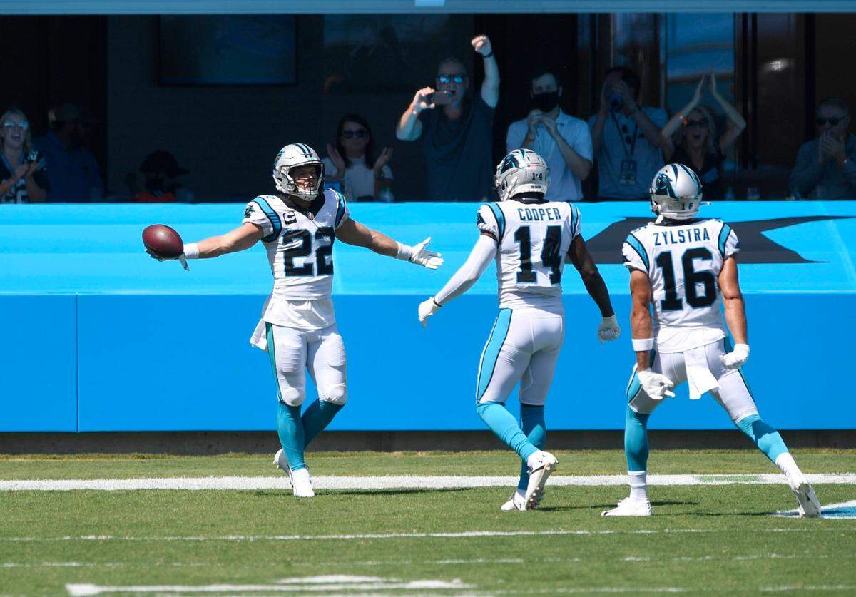 Carolina Panthers running back Christian McCaffrey (22) has scored four of his team’s five TDs this season. Wide receiver Robby Anderson has the other.