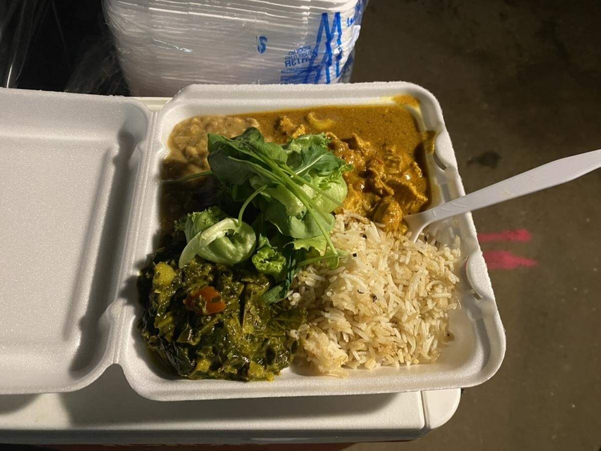 Cayte Gowan’s chicken tikka, collard greens saag, dahl and rice.