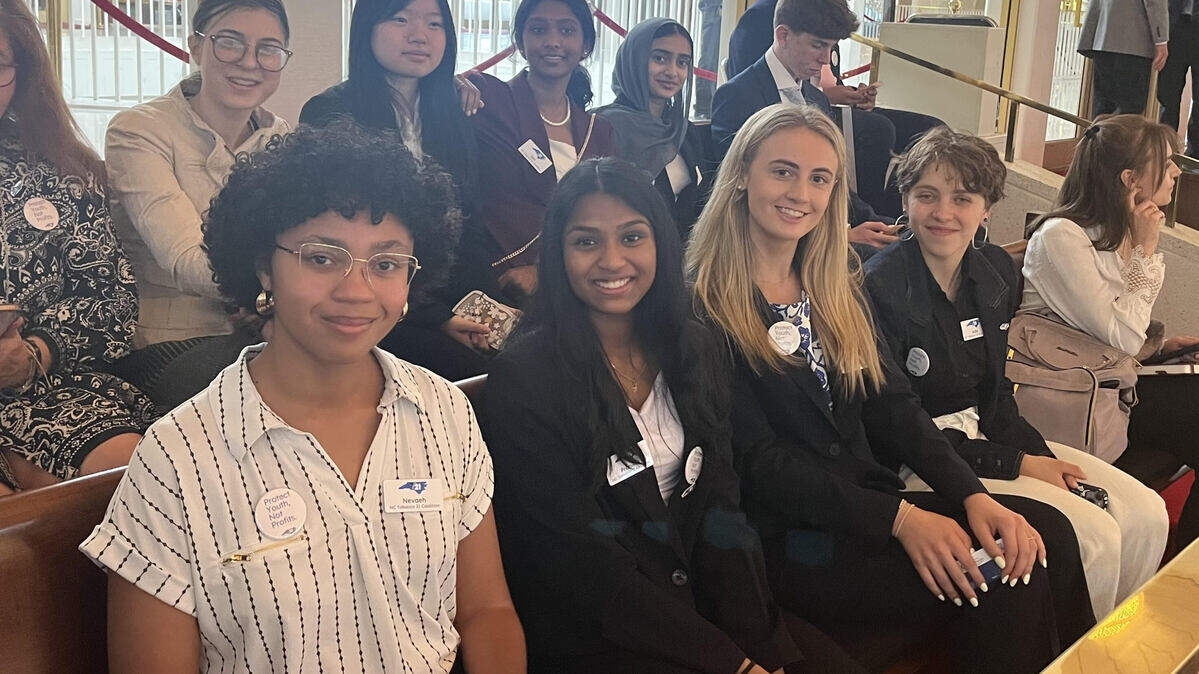 Taylor Ward, front row, center, Ada Watson, to Taylor’s immediate left, and other members of the Tobacco 21 Teen Council sit in the gallery of the North Carolina House of Representatives on April 29, 2026.