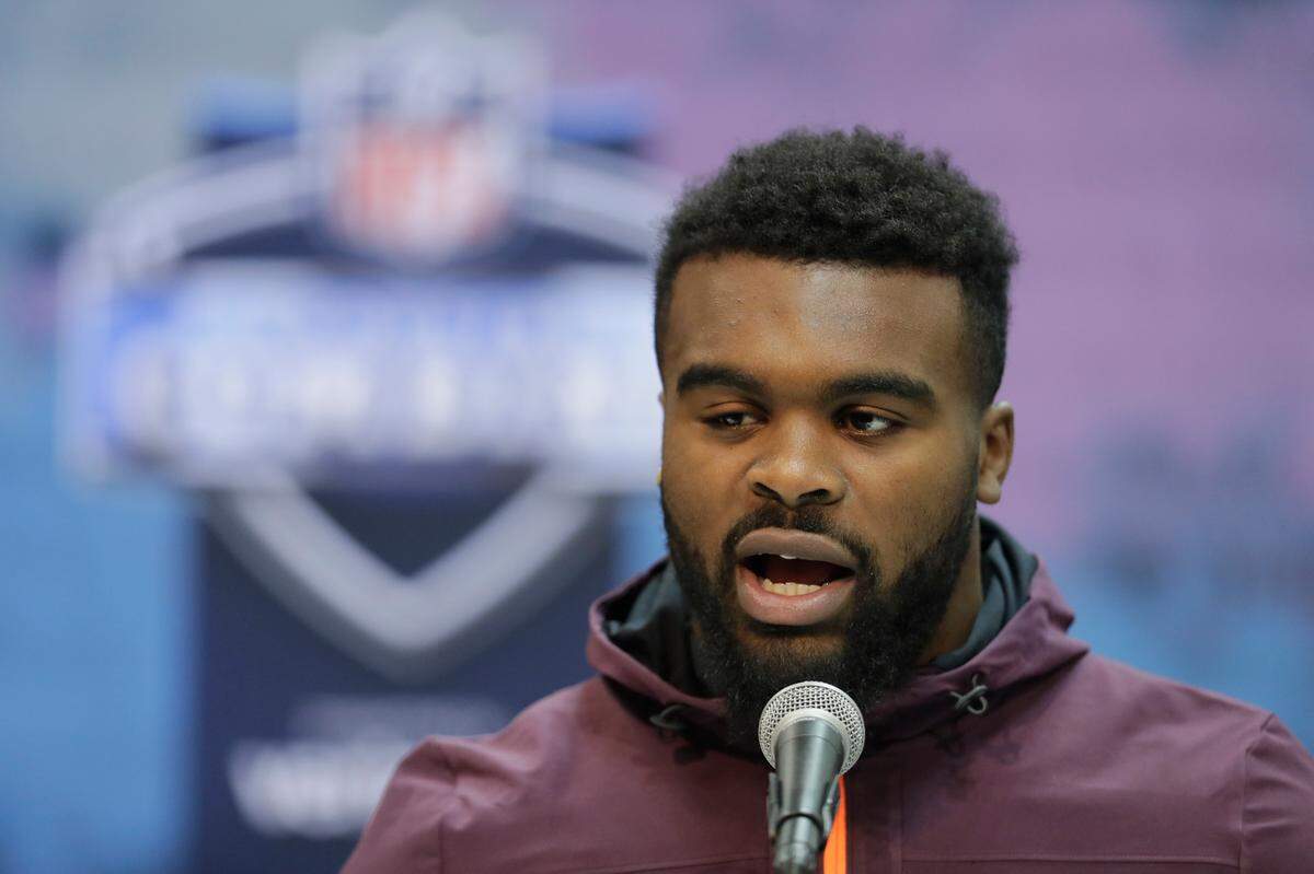 Georgia running back Elijah Holyfield speaks during a press conference at the NFL football scouting combine, Thursday, Feb. 28, 2019, in Indianapolis. (AP Photo/Darron Cummings)