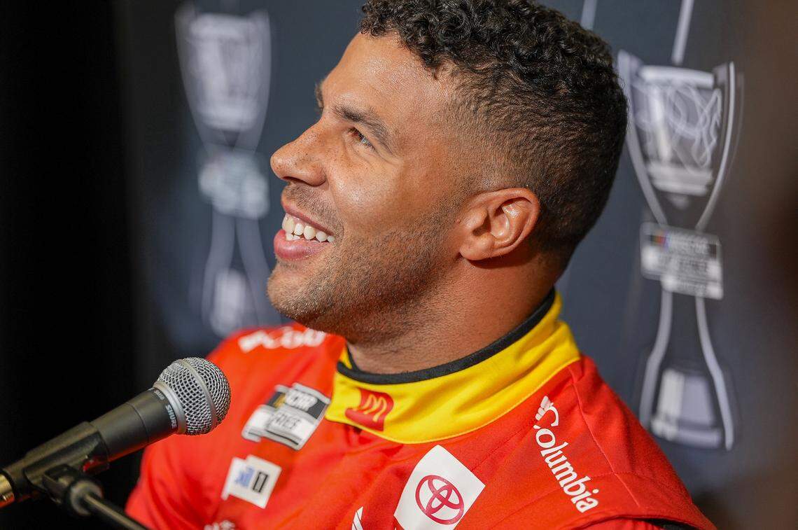 Aug 27, 2025; Charlotte, NC, USA; Bubba Wallace answers questions from the media during NASCAR Cup Series Playoff Media Day at Charlotte Convention Center.