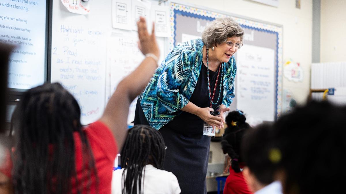 CMS Teacher of the Year, Elizabeth Canute, teaches third grade reading at Tuckaseegee Elementary School in Charlotte, N.C., on Tuesday, May 22, 2024. Canute is a National Board Certified Teacher, but many new teachers lack traditional teaching credentials.