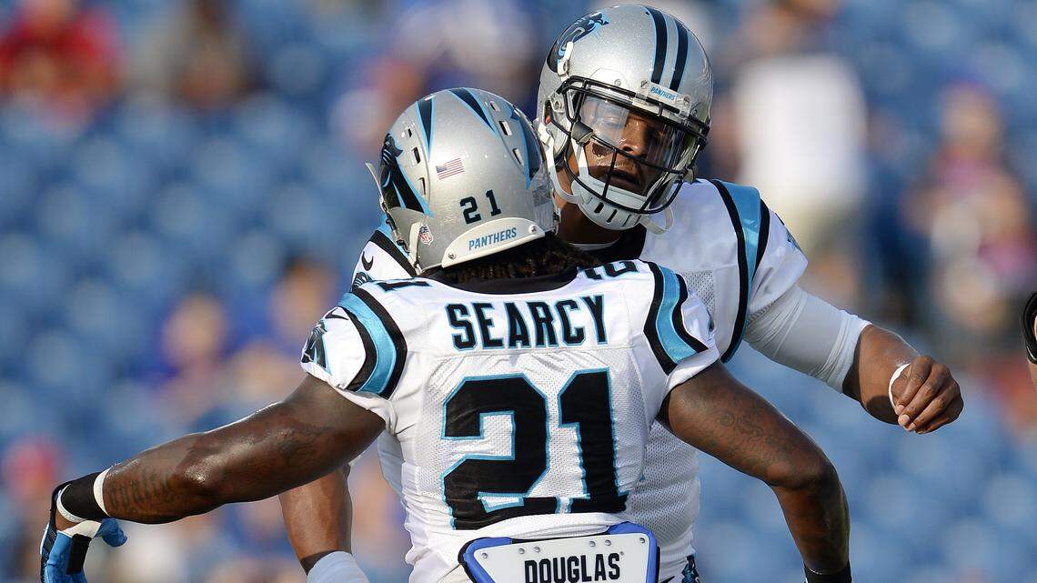 Carolina Panthers safety Da’Norris Searcy suffered his second concussion in six weeks against the Atlanta Falcons on Sunday.