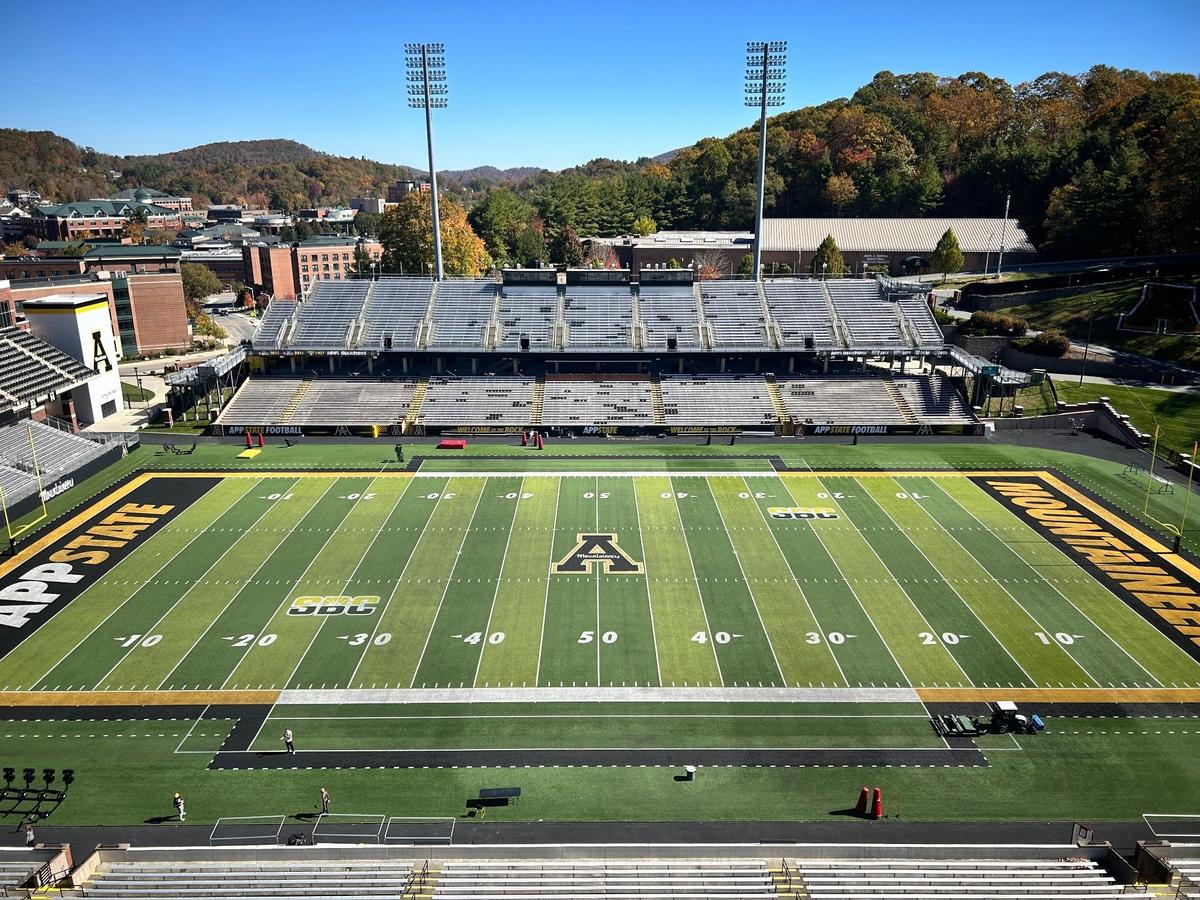 Appalachian State’s football field on Oct. 21, 2024. The Mountaineers will host a home football game in Boone on Saturday, Oct. 26th, 2024, for the first time since Hurricane Helene devastated much of Western North Carolina in late September.