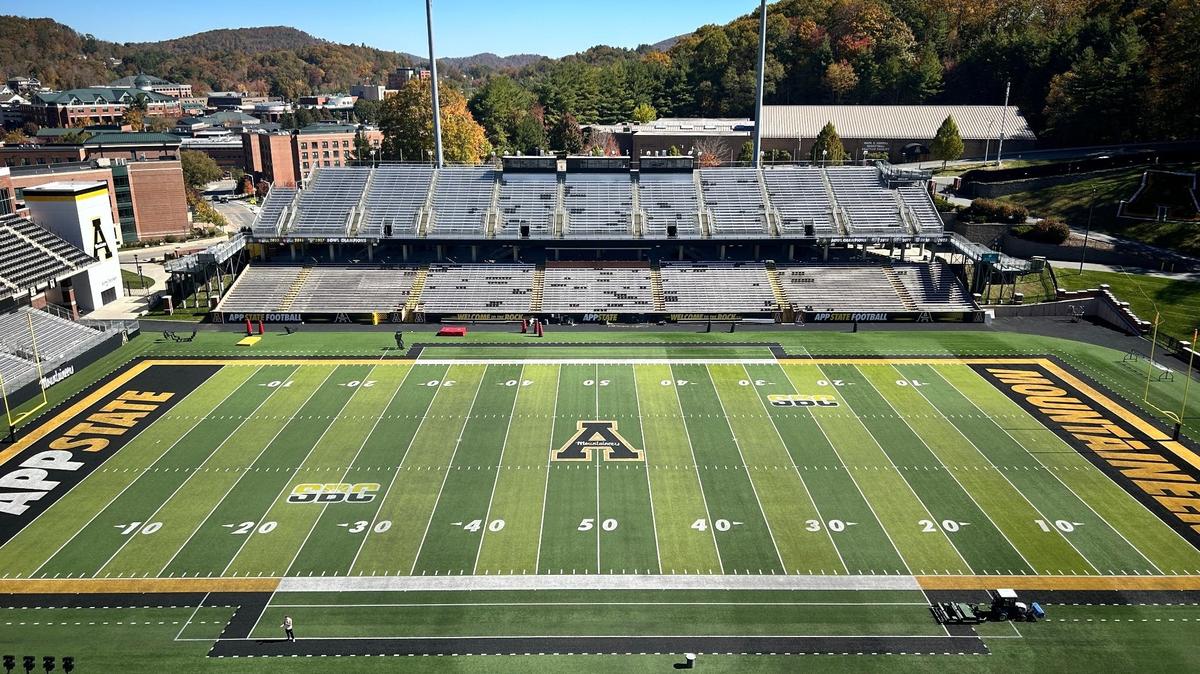 Appalachian State’s football field on Oct. 21, 2024. The Mountaineers will host a home football game in Boone on Saturday, Oct. 26th, 2024, for the first time since Hurricane Helene devastated much of Western North Carolina in late September.