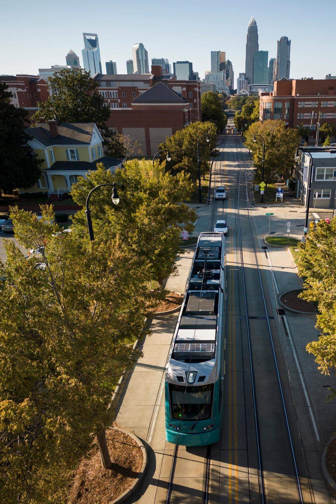 A CATS Gold Line train travels along Elizabeth Avenue in Charlotte, N.C., Wednesday, Oct. 19, 2022.