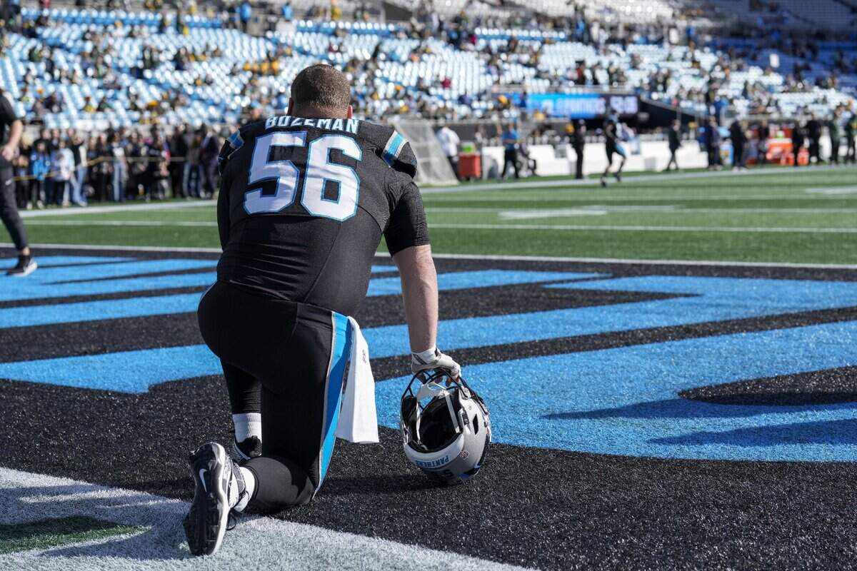 Dec 24, 2023; Charlotte, North Carolina, USA; Carolina Panthers center Bradley Bozeman (56) during pregame warm ups against the Green Bay Packers at Bank of America Stadium. Mandatory Credit: Jim Dedmon-USA TODAY Sports