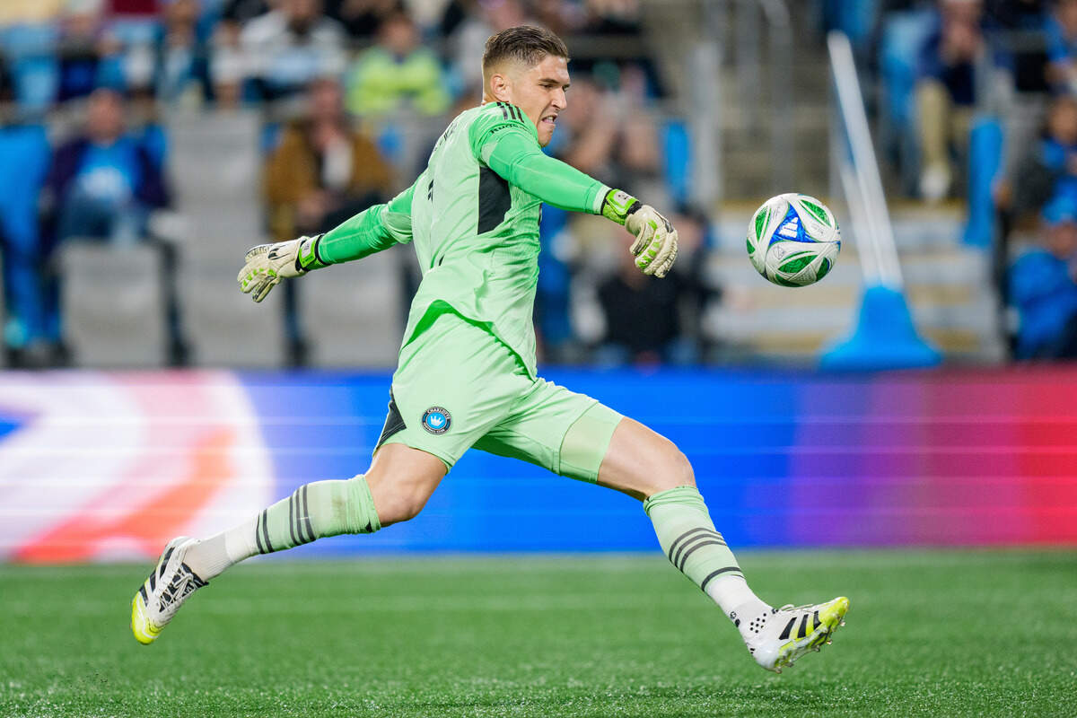 Goalkeeper Kristijan Kahlina of Charlotte FC punts the ball away against New York City FC during a game at Bank of America Stadium on Nov. 7, 2025.