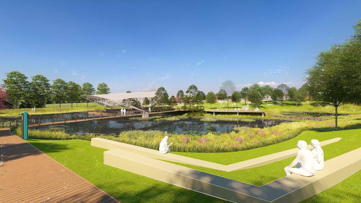 This rendering shows a renovated Symphony Park in the SouthPark area. SouthPark Community Partners is asking for government help  to help pay for the renovations.