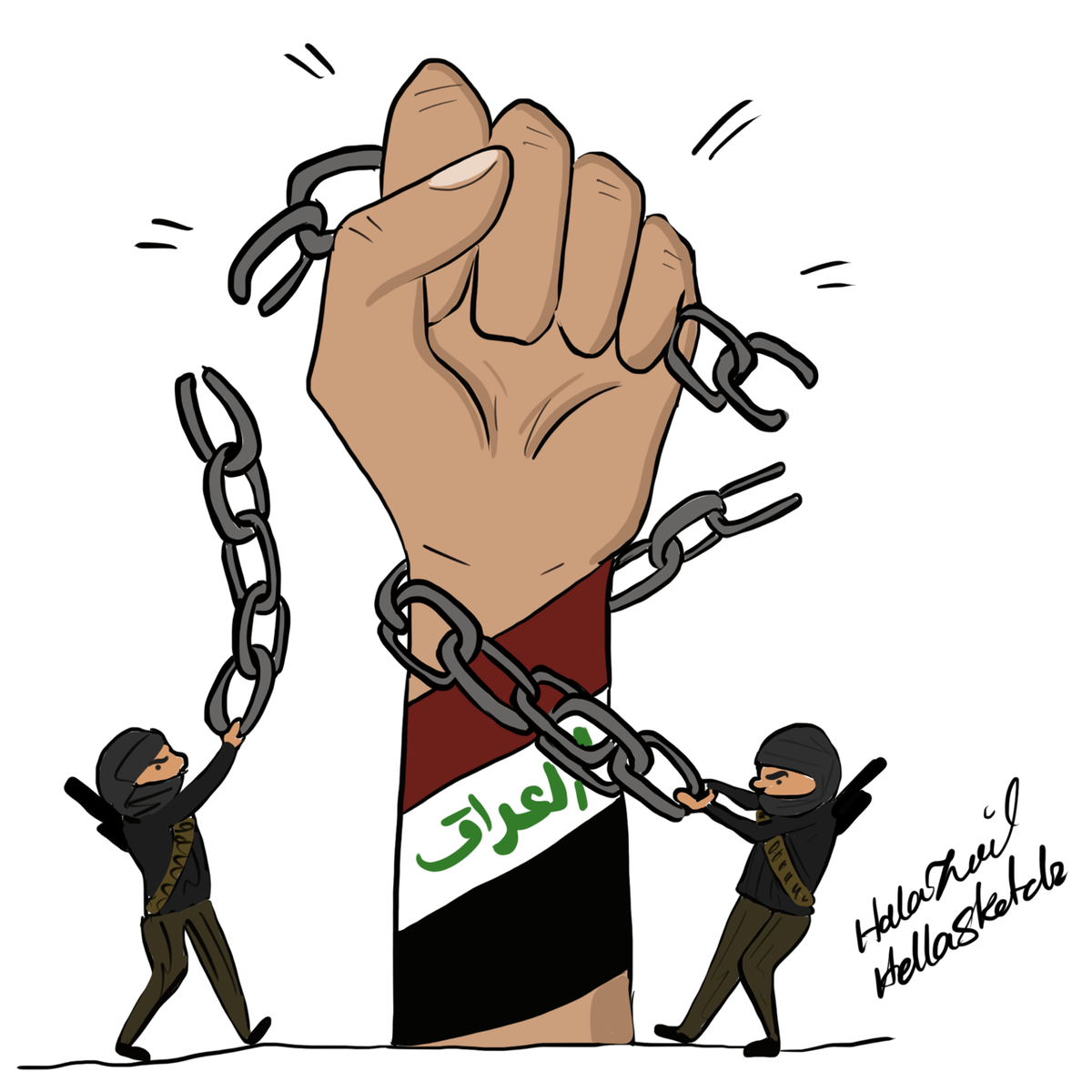 Halah Kheldoon says her cartoon here depicts Iraqi power against militias. The fist is wrapped in the Iraqi flag. But instead of the flag having its traditional words “Allah akbar”, “God is the greatest,” Kheldoon simply has the name “Iraq” in Arabic.