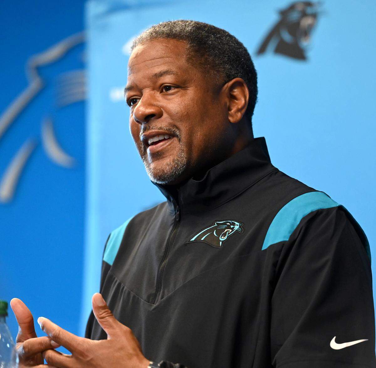 Carolina Panthers Interim head coach Steve Wilks smiles as he responds to a question from the media on Monday, January 9, 2023 at Bank of America Stadium in Charlotte, NC. Panthers players packed up their lockers following the conclusion of the team’s season on Sunday, January 8, 2023 with a victory over the New Orleans Saints.