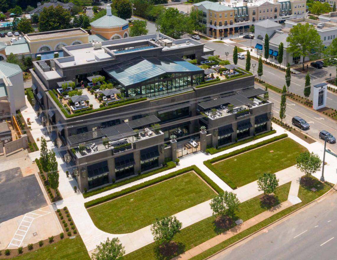 Phillips Place is just around the corner from SouthPark Mall, with dining and shopping including RH Rooftop, shown in foreground.