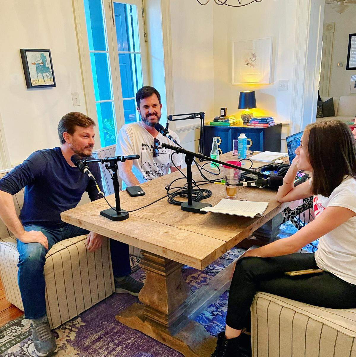 “I wanted to write a book, and somebody said, ‘Do a podcast first.’ And here we are,” says Shaw, pictured here with “Champagne Problems” co-hosts Patrick Balsley (left) and Samantha Hampson.
