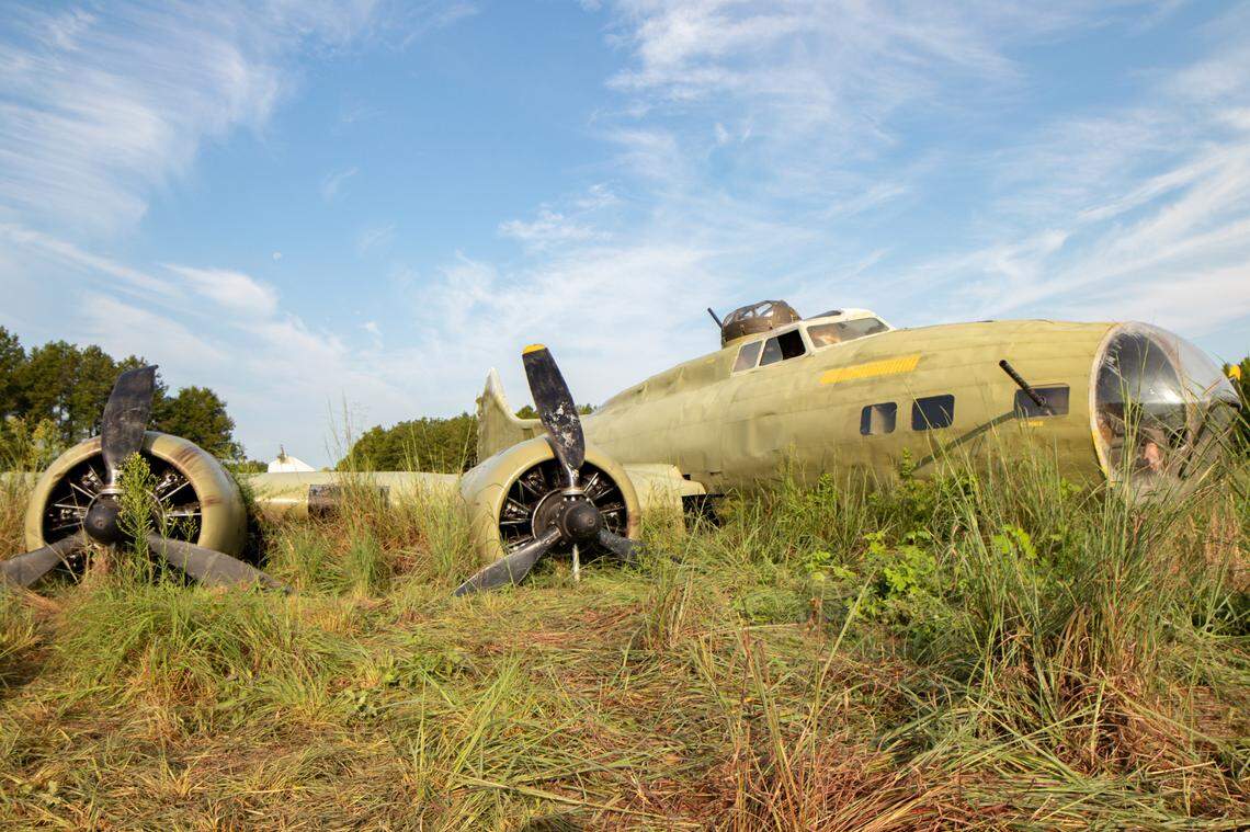 The B-17 replica that Phil Blattenberger’s art department built in the middle of a field in eastern North Carolina.
