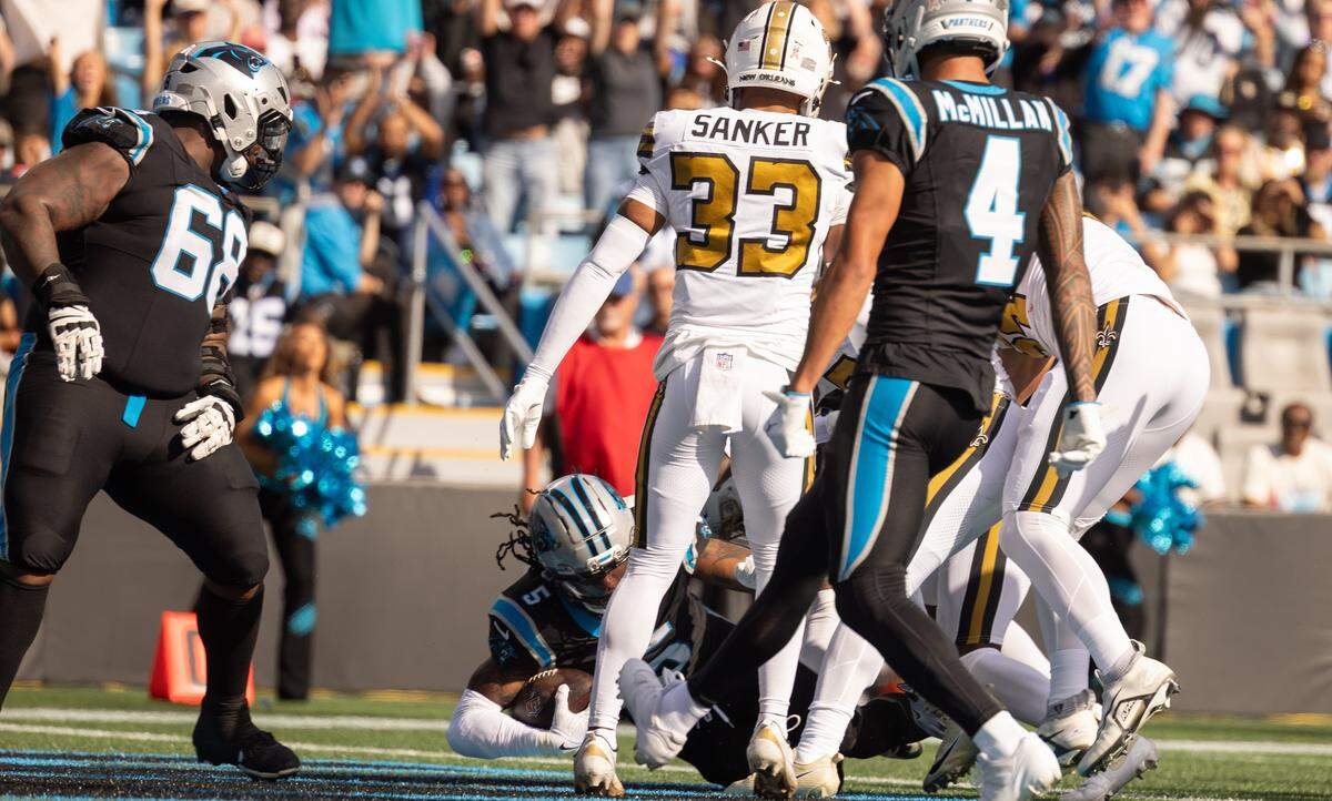 Carolina Panthers running back Rico Dowdle makes a touchdown against the New Orleans Saints at The Bank of America Stadium in Charlotte, N.C., on Sunday, Nov. 9, 2025.