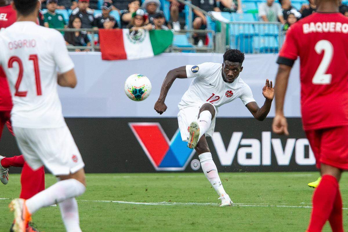 Canada’s Alphonso Davies takes a shot against Cuba’s goal during the Concacaf Gold Cup matchup at the Bank of America Stadium in Charlotte on Sunday, June 23, 2019.