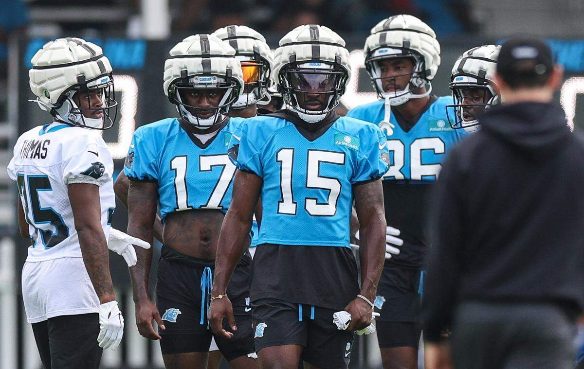 Panthers wide receivers during training camp practice in Charlotte, NC on Monday, July 29, 2024.