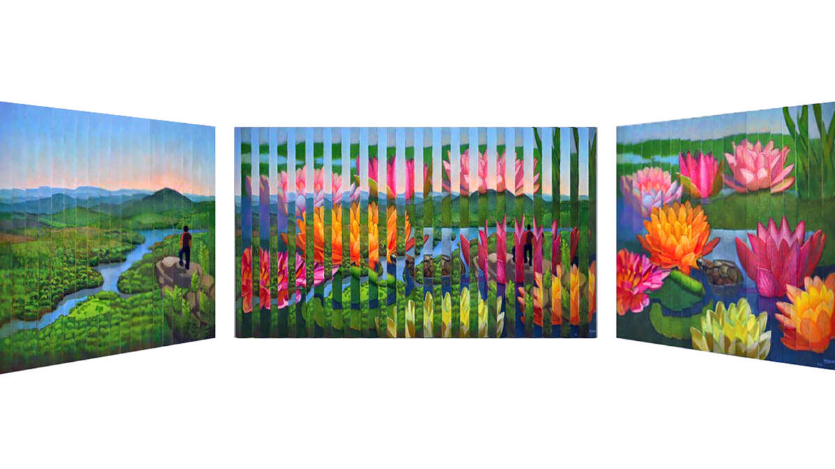 Artist Alvaro Torres said creating his multiview paintings takes months. “The lily pond one — that really really pushed my limits,” he said.