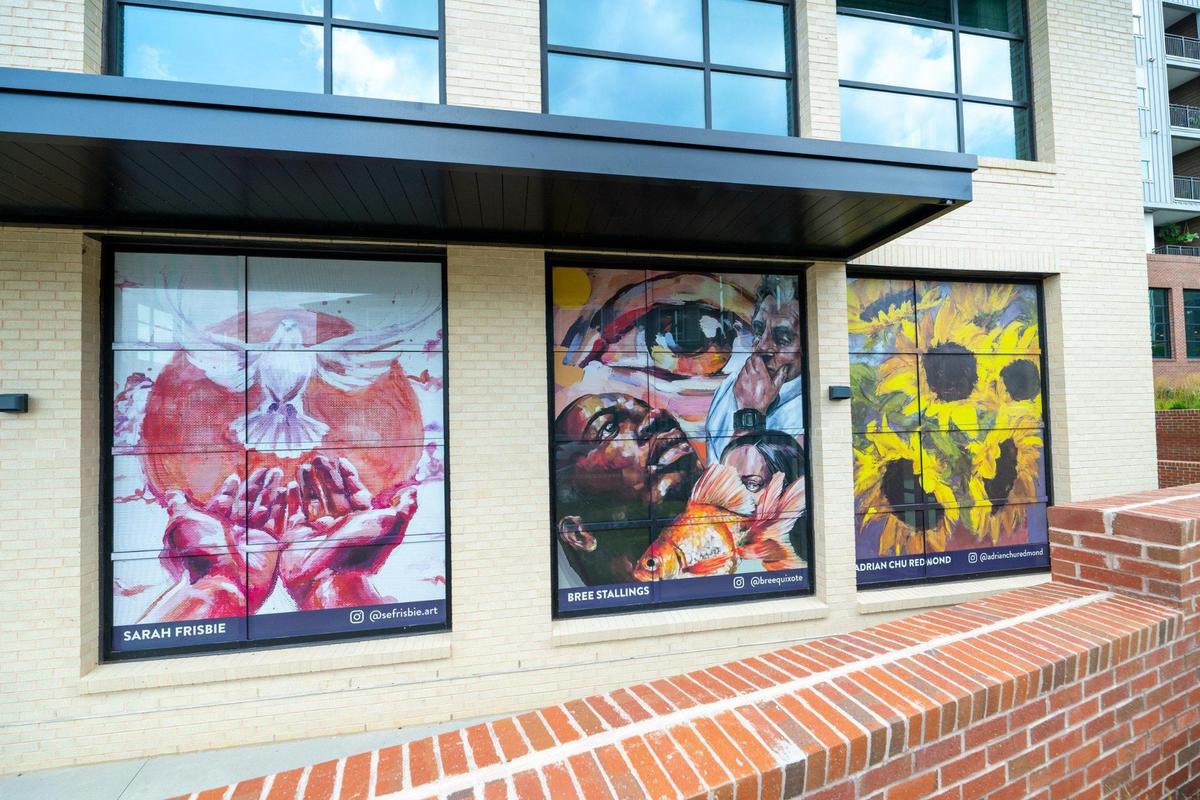 Windows of Hope showcases artists in South End. Shown from left are works from are Sarah Frisbie, Bree Stallings and Adrian Chu Redmond.