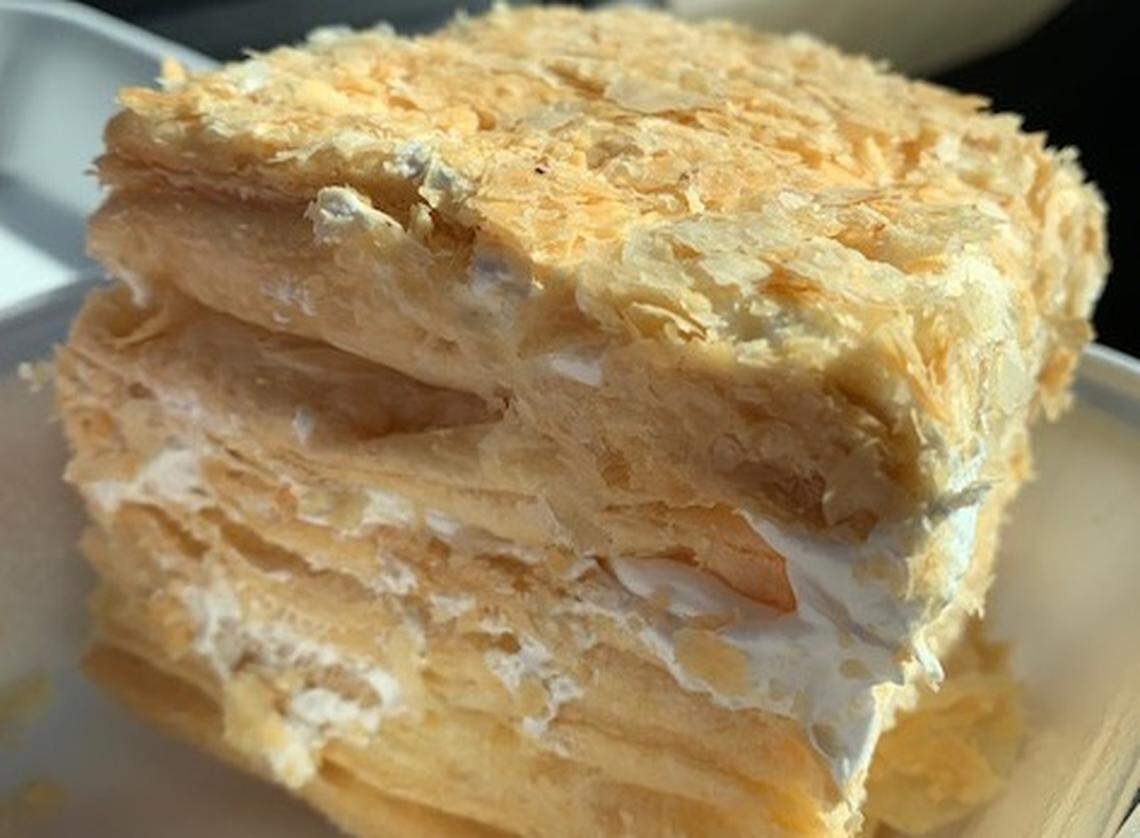 A slice of milhojas from Panaderia El Quetzal.