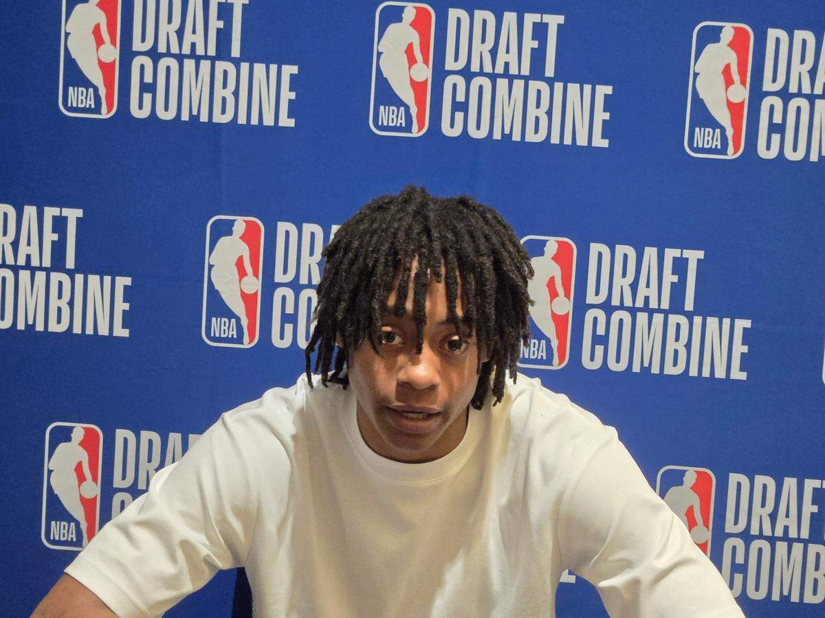 Tre Johnson speaks to the media at the 2025 NBA Draft Combine in Chicago.