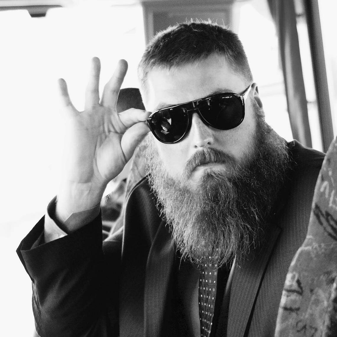 Panthers offensive tackle Mike Remmers, wearing sunglasses and his “playoff beard” shortly before the Super Bowl.