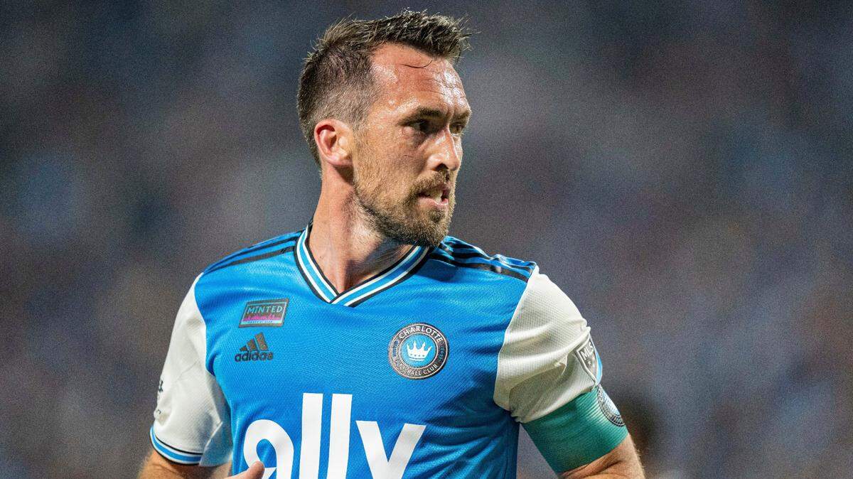 Charlotte FC defender Christian Fuchs looks on during the second half of an MLS soccer match against the Los Angeles Galaxy in Charlotte, N.C., Saturday, March 5, 2022. (AP Photo/Jacob Kupferman)