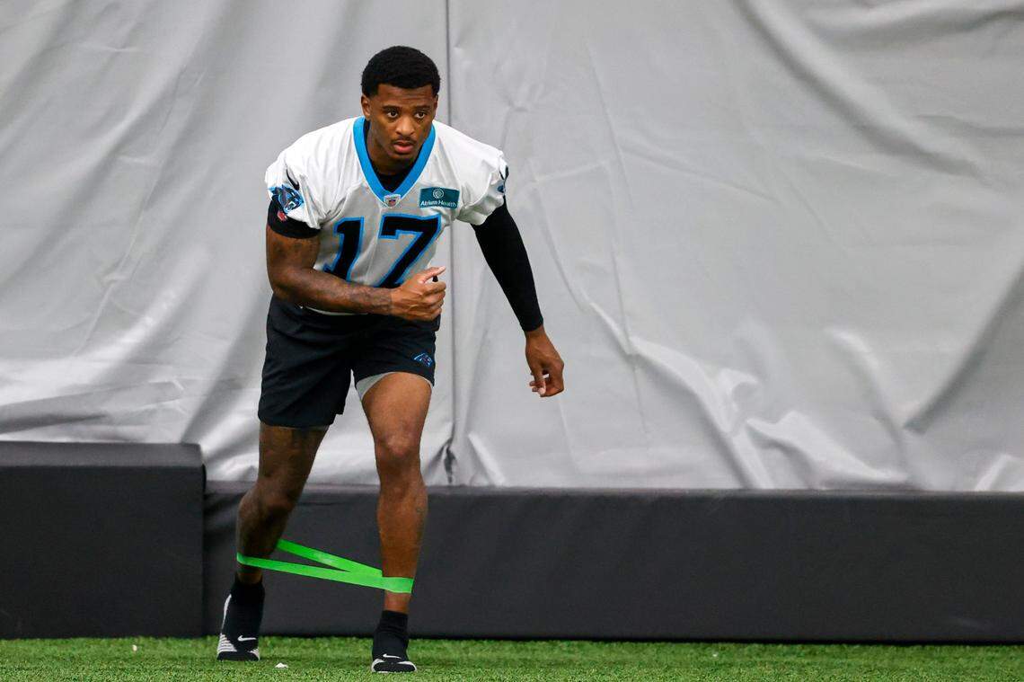 Carolina Panthers wide receiver Rashard Higgins works outat NFL football practice in Charlotte, N.C., Wednesday, June 8, 2022. (AP Photo/Nell Redmond)