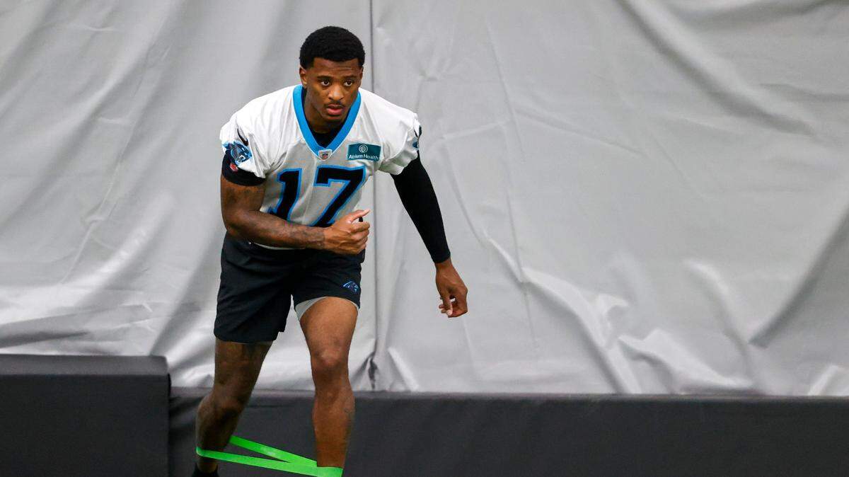 Carolina Panthers wide receiver Rashard Higgins works out during OTAs in Charlotte on June 8. Higgins is trying to make the roster this season after spending the previous six years of his NFL career in Cleveland.