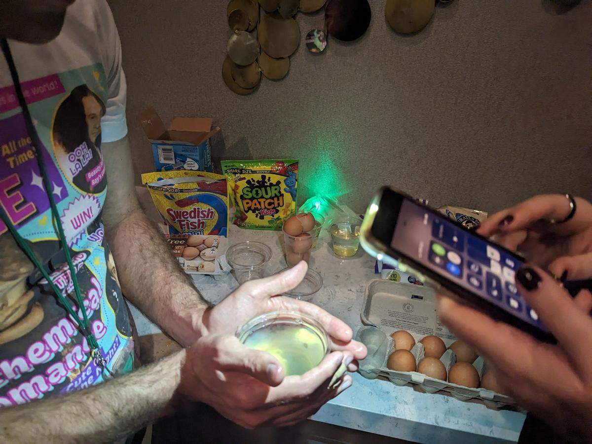 Two magical practitioners try out “teenage sleepover magic” with raw egg divination.
