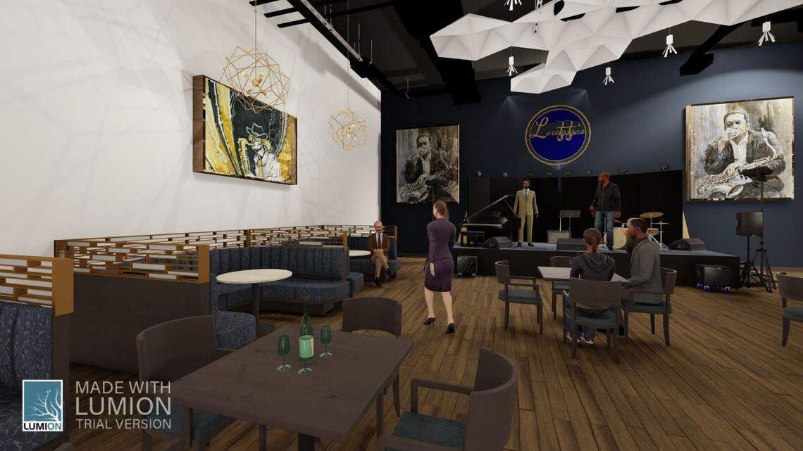 An illustrated rending of Loretta’s, expected to open in late summer in the former Fox & Hound site on Pineville-Matthews Road in Charlotte, includes a stage area for live music.