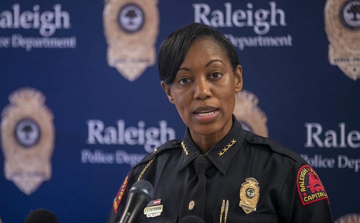 Raleigh Police Chief Estella D. Patterson praises the work of her department and thanks the public for providing information that enabled them make arrests in the hit-and-run death of Samantha Briggs during a press briefing on Friday, June 2, 2023 in Raleigh, N.C. Briggs was stuck by a vehicle when she crossed Hillsborough Street in November 2022.