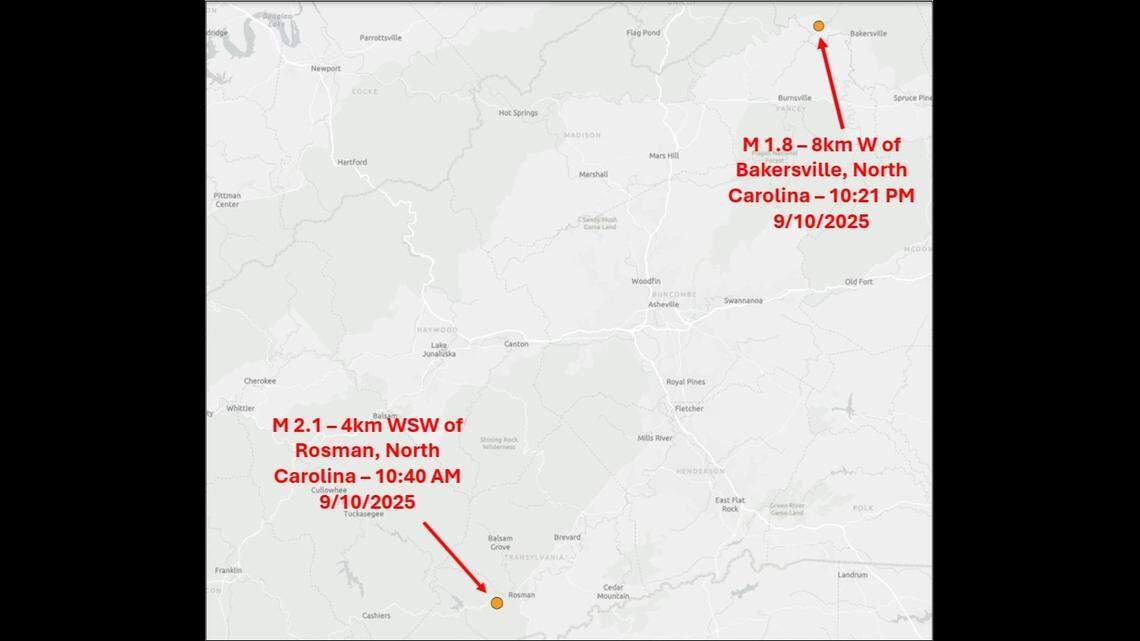 Minor earthquakes hit near small towns nearly 100 miles apart in the North Carolina mountains on Wednesday, Sept. 10, government seismologists confirmed.