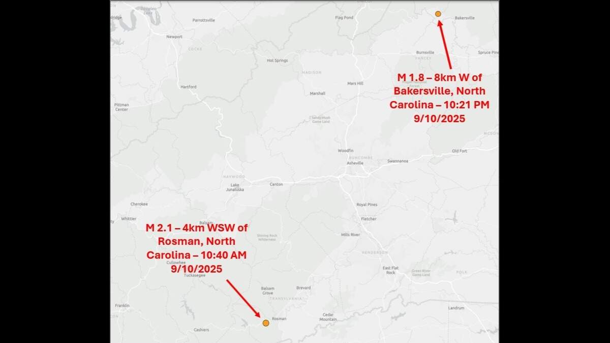 Minor earthquakes hit near small towns nearly 100 miles apart in the North Carolina mountains on Wednesday, Sept. 10, government seismologists confirmed.