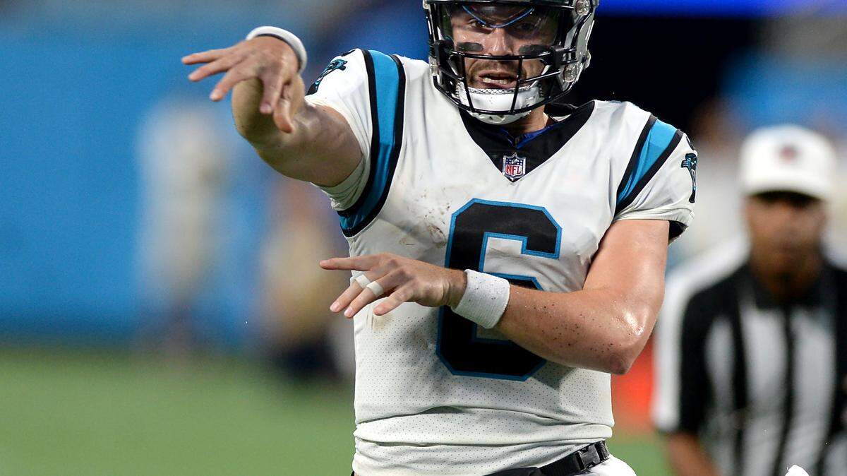 Carolina Panthers quarterback Baker Mayfield passes to a receiver during first quarter action against the Buffalo Bills at Bank of America Stadium in Charlotte, NC on Friday, August 26, 2022.