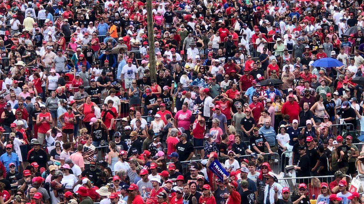 A crowd of supporters for former President Donald Trump stand outside Bojangles Coliseum waiting to enter for the former president’s rally on Wednesday, July 24, 2024 in Charlotte, NC.