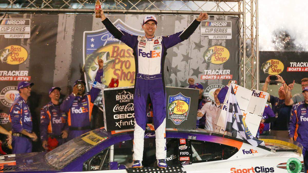 NASCAR Cup Series driver Denny Hamlin (11) wins the Bass Pro Shops Night Race at Bristol Motor Speedway.