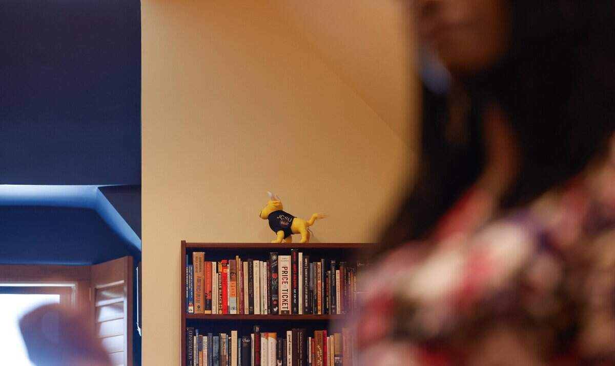 A stuffed bull, JCSU’s mascot, sits atop one of many bookshelves in the office of Valerie Kinloch, the President of Johnson C. Smith University, in Charlotte on Tuesday, June 18, 2024.