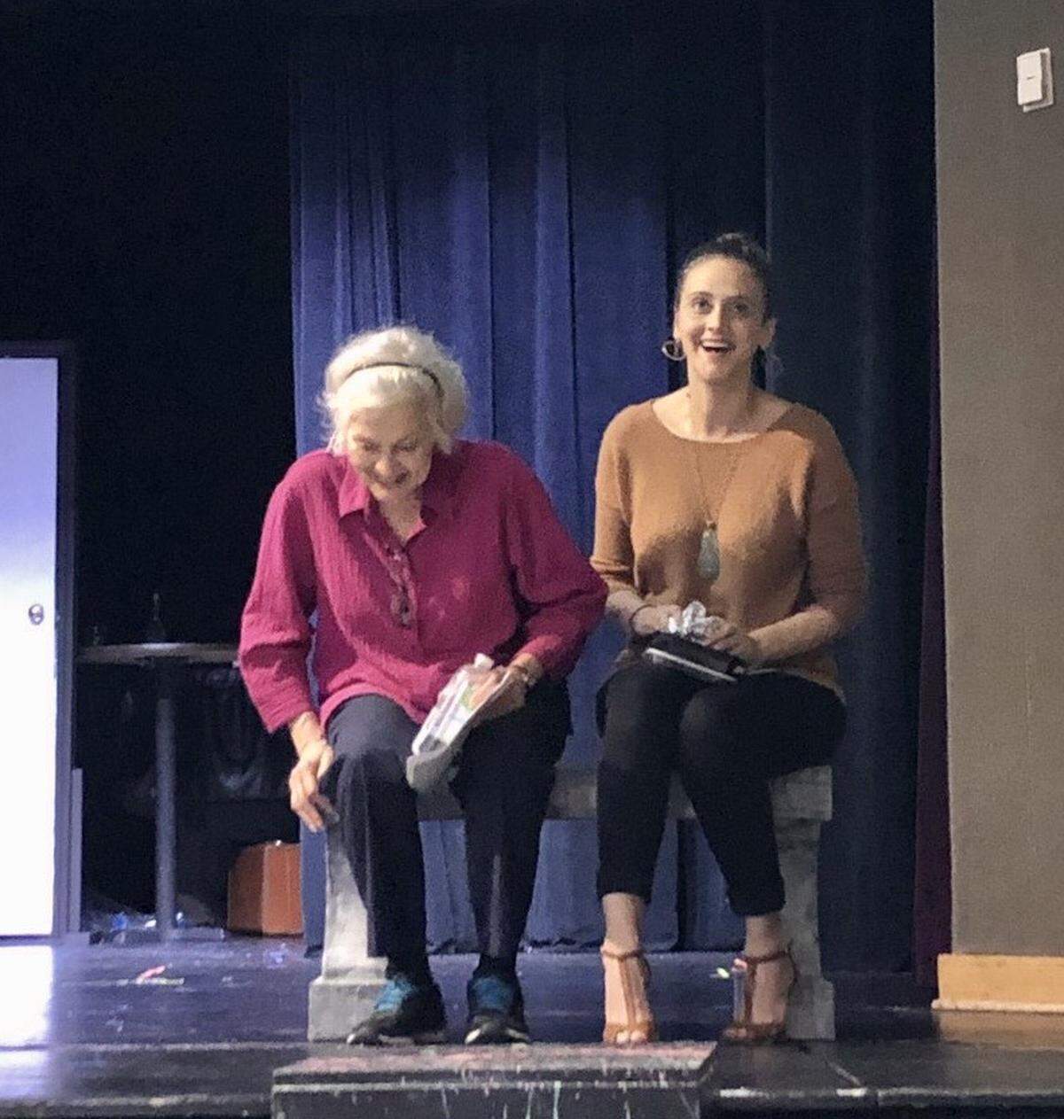 Marilyn Carter (Sophia) and Karina Caporino (Angie) rehearse a scene from “The Sabbath Girl,” a classic romantic comedy. The play opens Nov. 9 at the Levine Jewish Community Center.