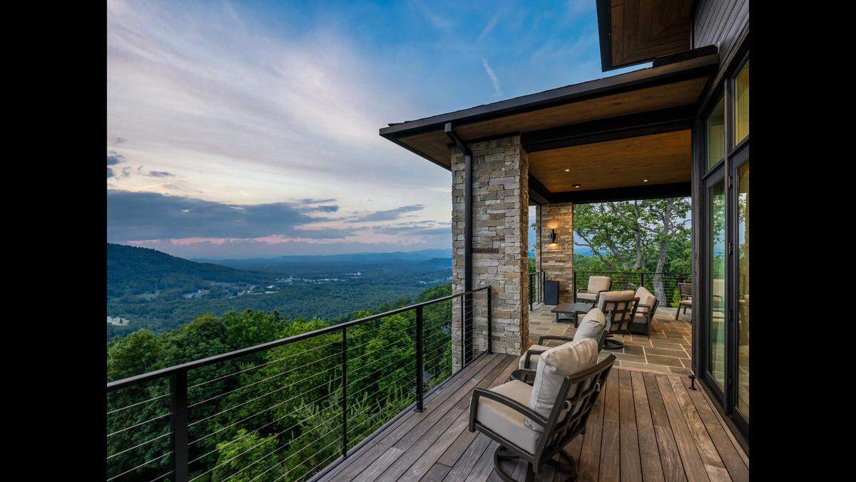 This balcony of the home has long-range views of the North Carolina mountains.