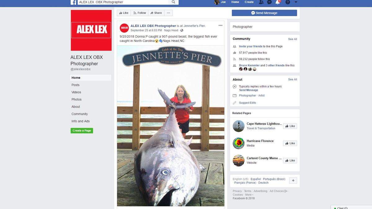 An Outer Banks photographer may have reeled in a few more of the gullible with this Facebook post of a photo of a monster tuna, describing it as a “907-pound beast, the biggest fish ever caught in North Carolina.”